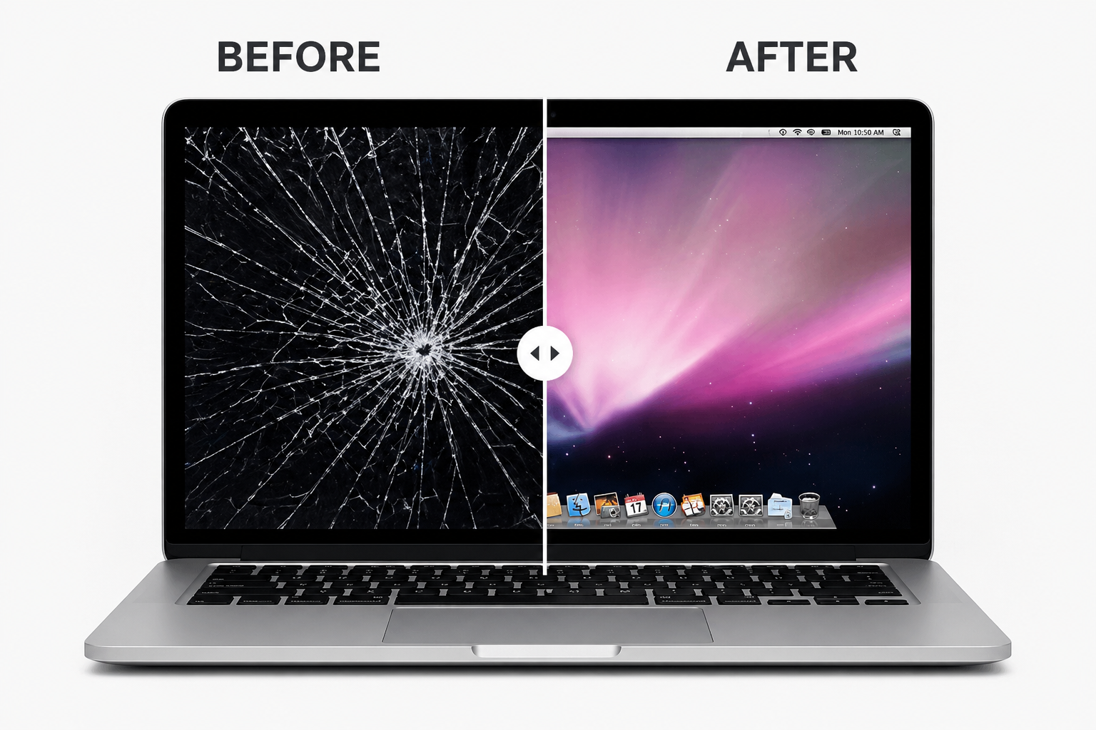 Before and after laptop screen repair showing damaged screen and fixed screen