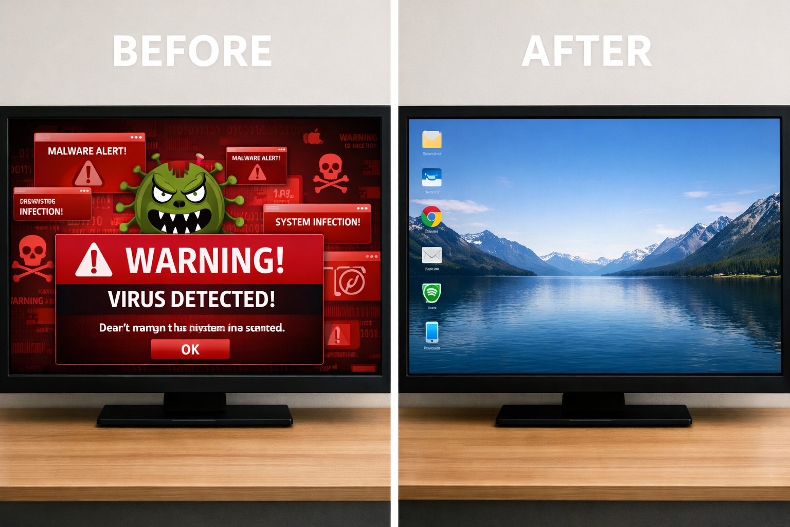Before and after virus removal and computer cleanup